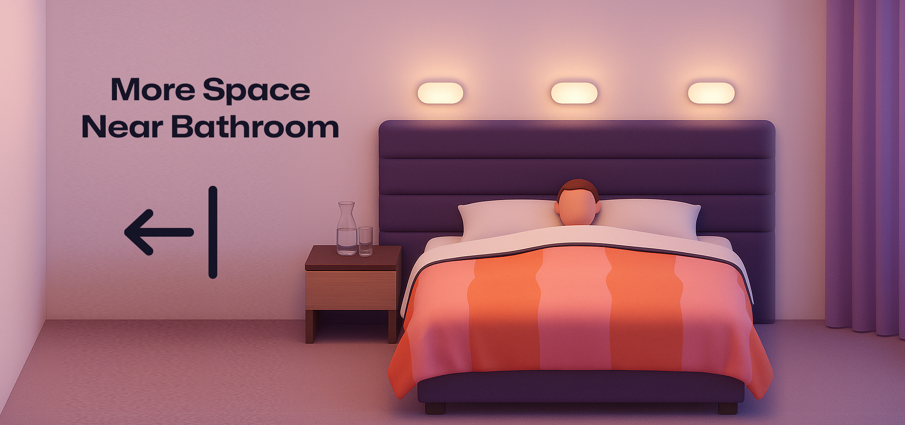 Diagram showing more space on the bathroom side of the bed (less space on the window side)
