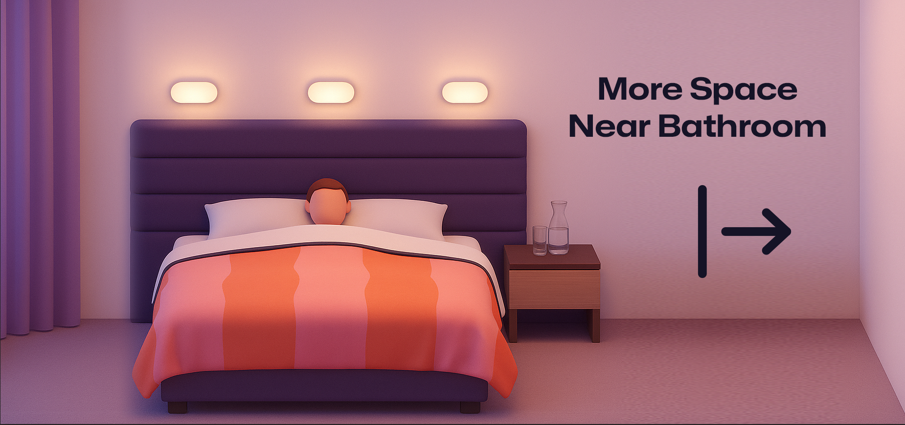 Diagram showing more space on the bathroom side of the bed (less space on the window side)