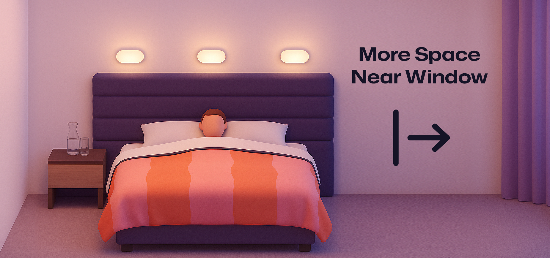 Diagram showing more space on the window side of the bed (less space on the bathroom side)