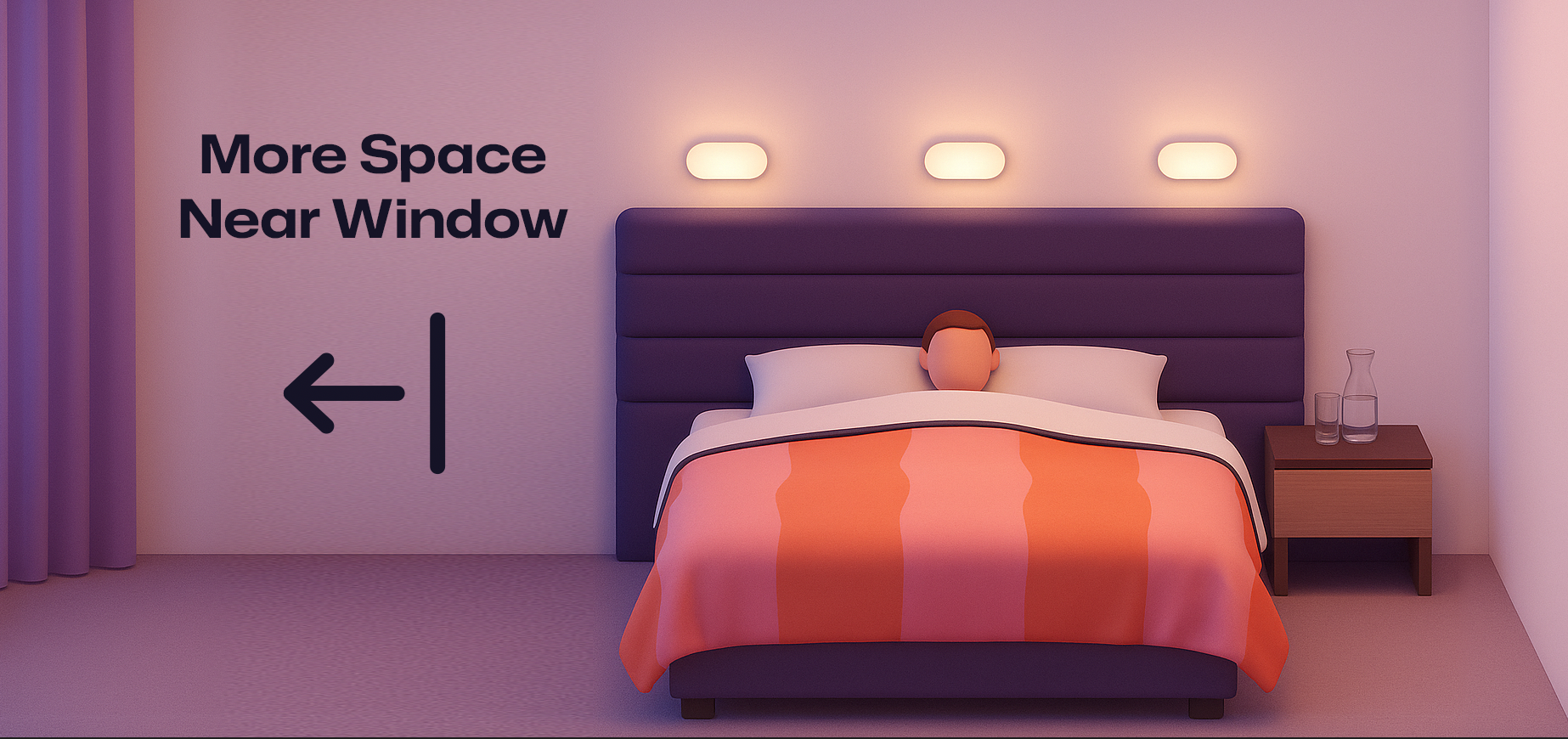 Diagram showing more space on the window side of the bed (less space on the bathroom side)