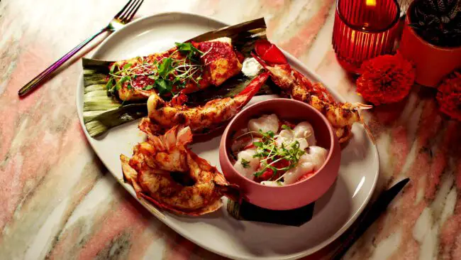 An oval plate with grilled lobster and a smaller pink bowl with a lobster salad inside.