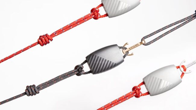 Three Virgin Voyages® bands, 2 red and one balck rope-style bands each with an anchor-shapes clasp