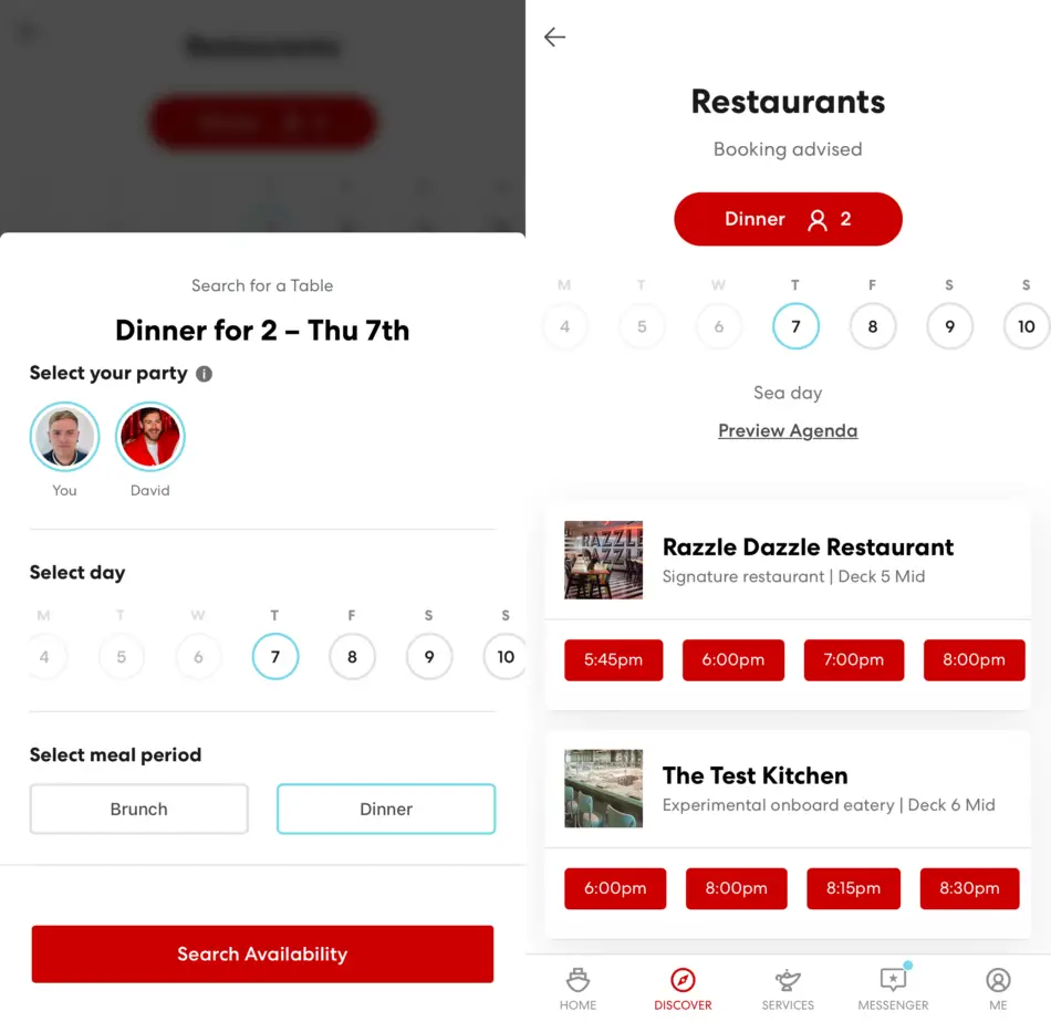 Choosing a time slot for restaurants in the app