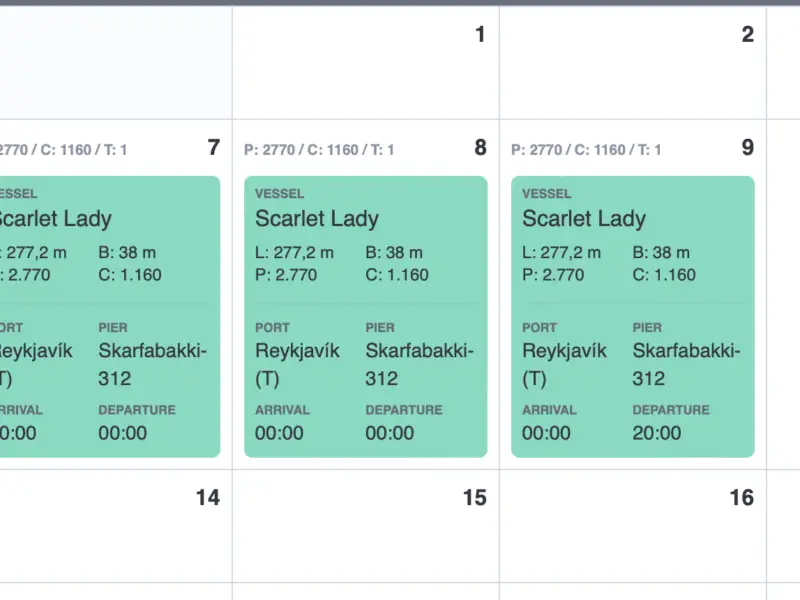 A screenshot of a port schedule showing Scarlet Lady docking in Port of Reykjavík on 7, 8 and 9th of July 2024