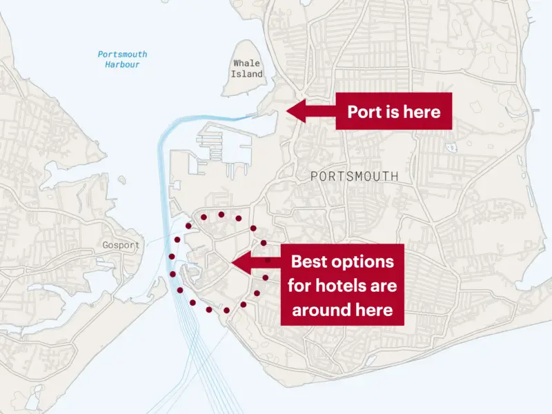 map showing best places to find a hotel before your cruise in Portsmouth