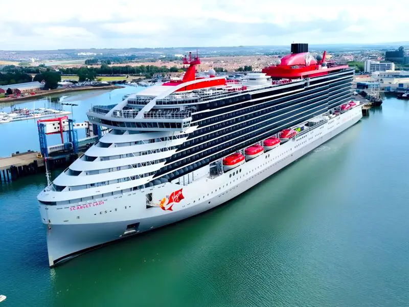 A cruise ship in port under an overcast sky