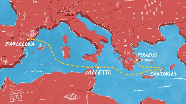 Itinerary Map for Barcelona to Malta & Greece