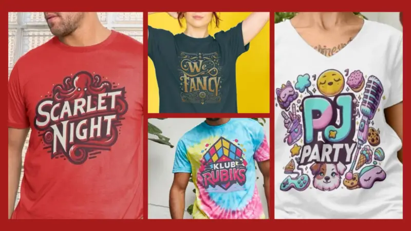 A collage showing 4 t-shirts for different events 'Scalet Night', 'We Fancy', 'Klub Rubiks' and 'PJ Party'