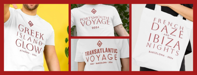 A collage showing 4 t-shirts for different itineraries 'Greek Island Glow', 'Portsmouth Voyage', 'Transatlantic Voayge' and 'French Daze'