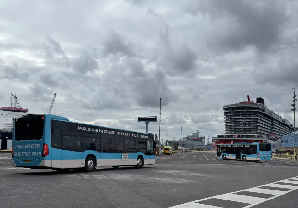 A very short bus ride is required to board the ship, these buses are fully equipped to take sailors to the ship