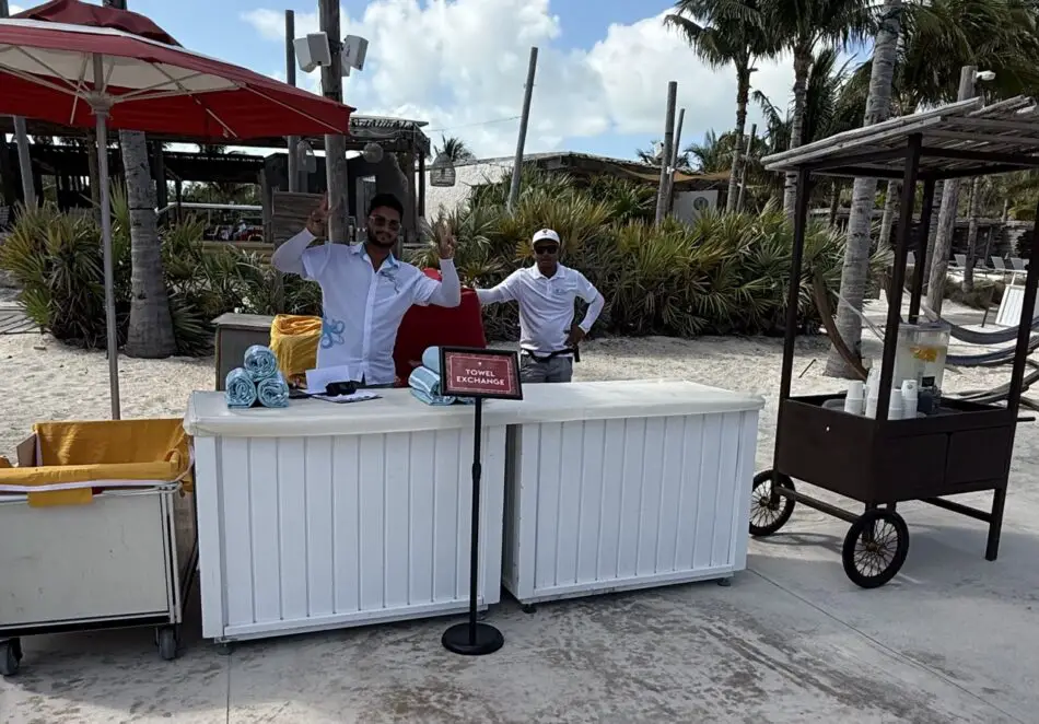 A Beach Towel Exchange station is available
