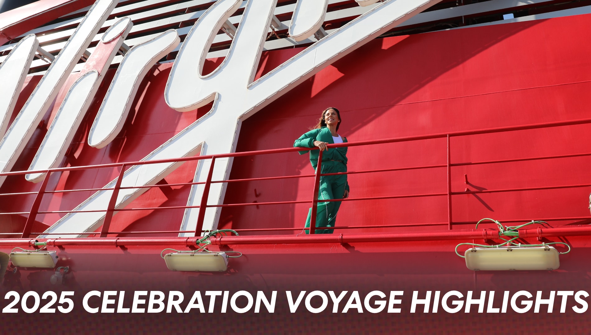 Mel C in front of the Virgin logo on Scarlet Lady
