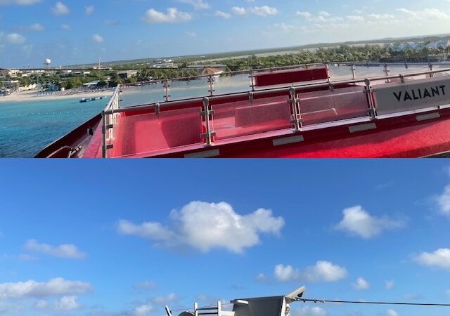 View from a Virgin Voyages cabin balcony onto a red lifeboat deck and blue sea
