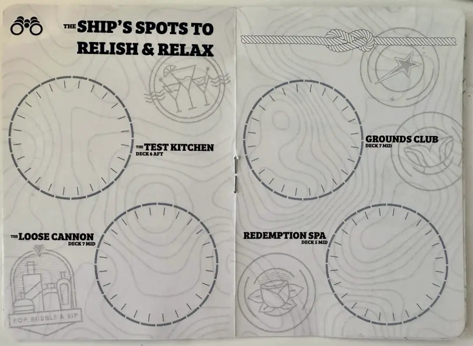 Virgin Voyages deck map showing circular stop spots labeled Test Kitchen, Grounds Club, The Loose Cannon, and Redemption Spa