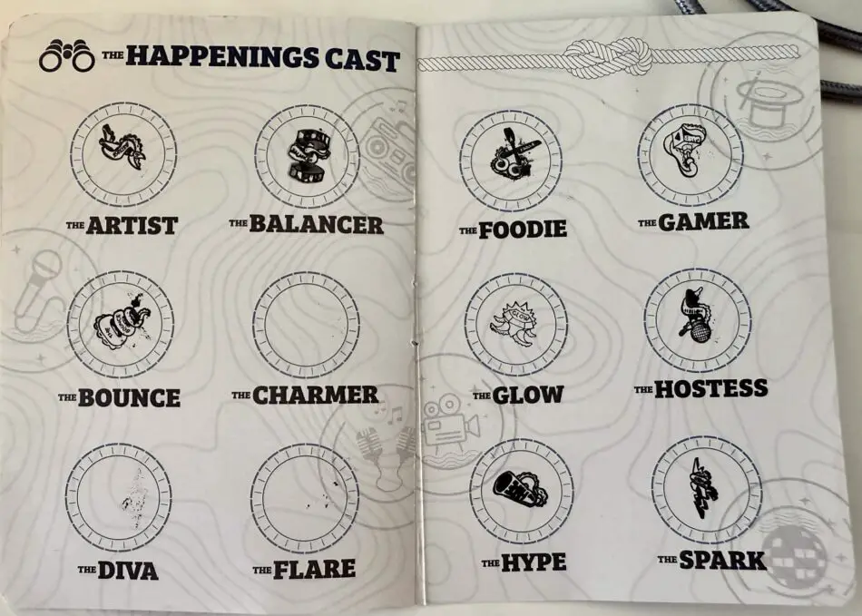 Two-page spread titled The Happenings Cast with circular icons for each role
