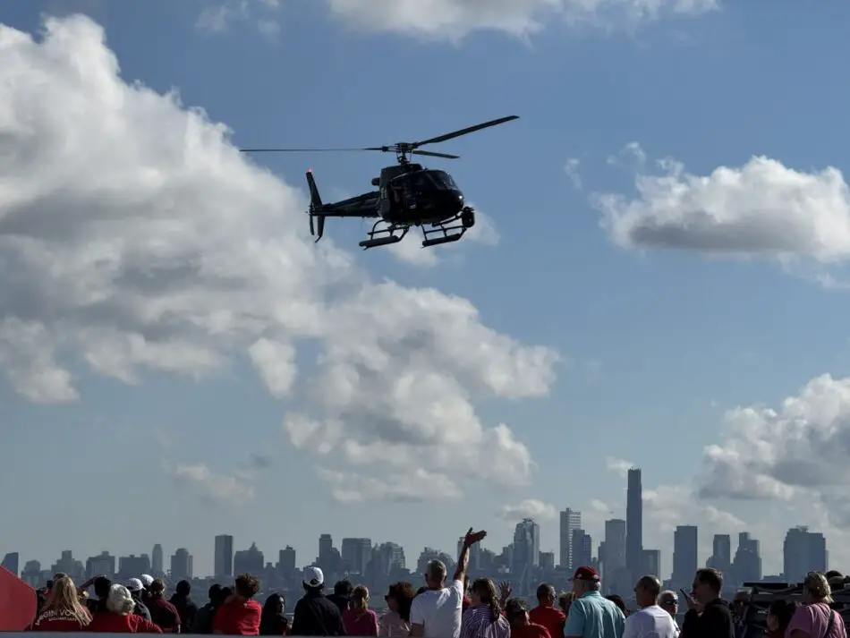 A huge media presence greeted Brilliant Lady as she entered New York Harbor