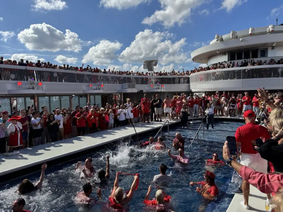 The celebratory pool party lasted around an hour with the Virgin Voyages executive team joining sailors and entertainment crew in the water