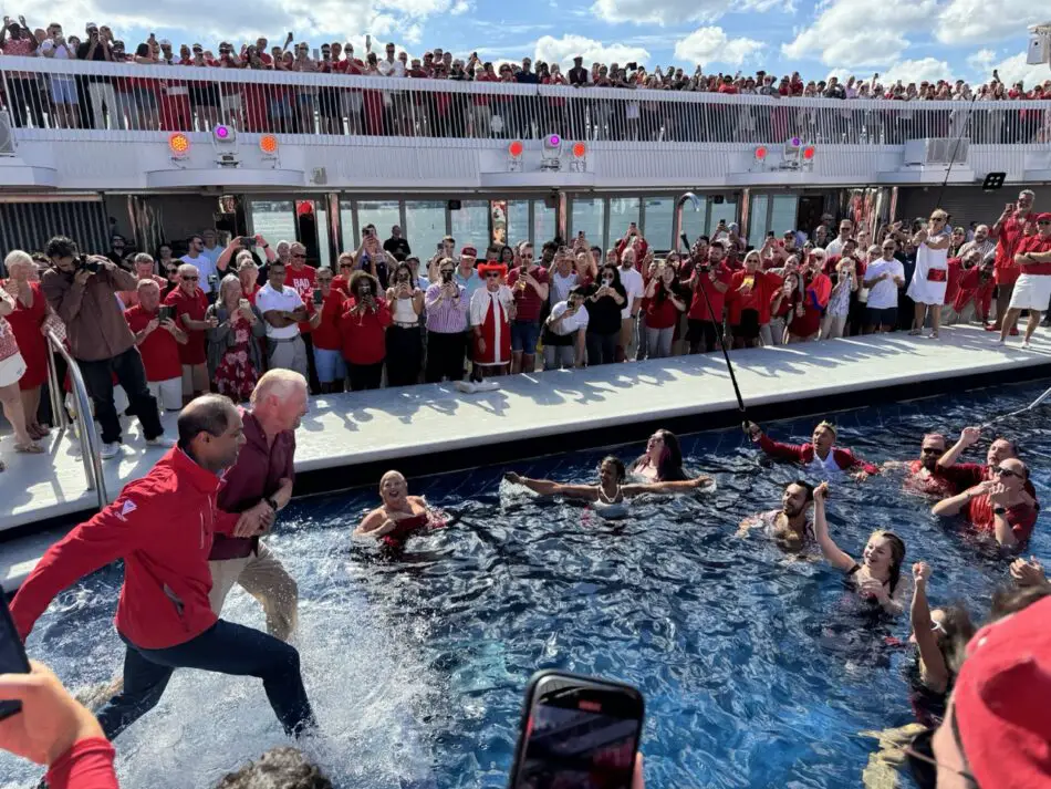 Virgin Voyages CEO Nirmal and Sir Richard Branson jumped in Brilliant Lady's pool to round up the huge celebrations
