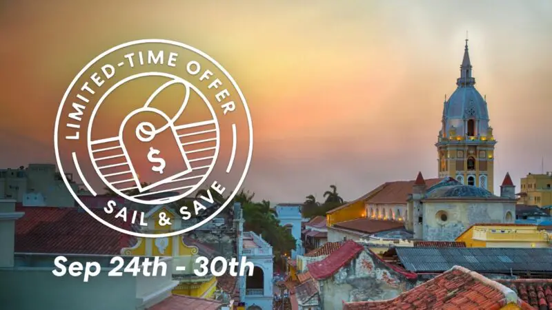 Sunset city rooftops with a large circular Limited-Time Offer Sail & Save logo and Sep 24th–30th dates