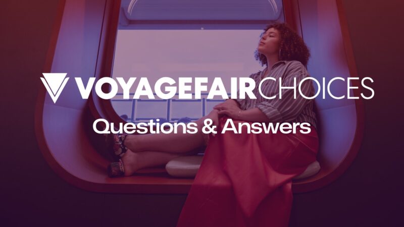 Woman in cruise cabin by a window with VoyageFair Choices and Questions and Answers text