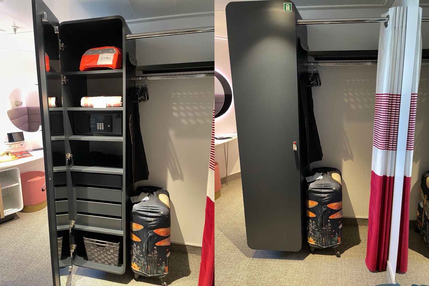 Virgin Voyages cabin closet with safe, shelves, and luggage beside curtain