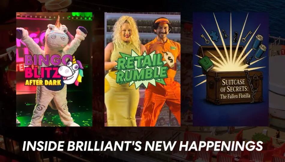 Three colorful posters on a cruise ship deck advertising Bingo Blitz After Dark, Retail Rumble, and Suitcase of Secrets