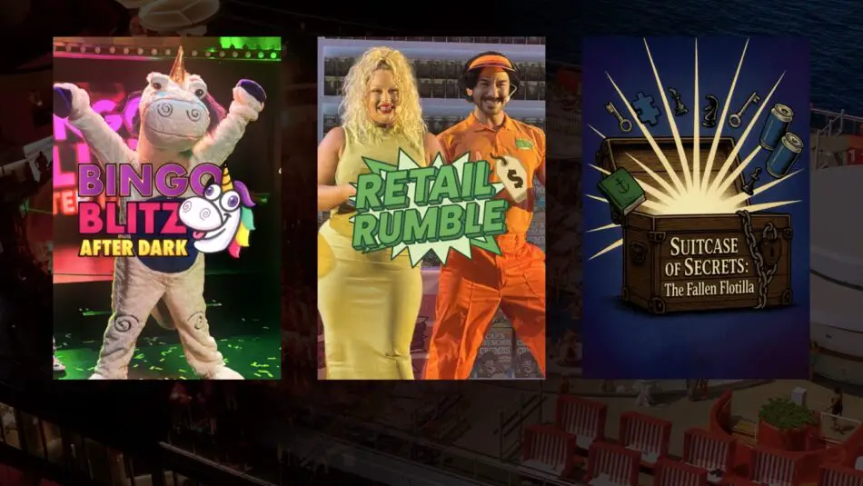 Event posters for Bingo Blitz After Dark, Retail Rumble, and Suitcase of Secrets on a Virgin Voyages cruise ship