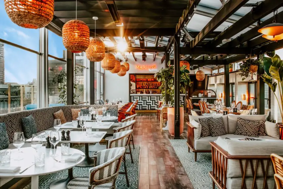 Marlin restaurant lounge at Virgin Hotels London Shoreditch with wicker pendant lights