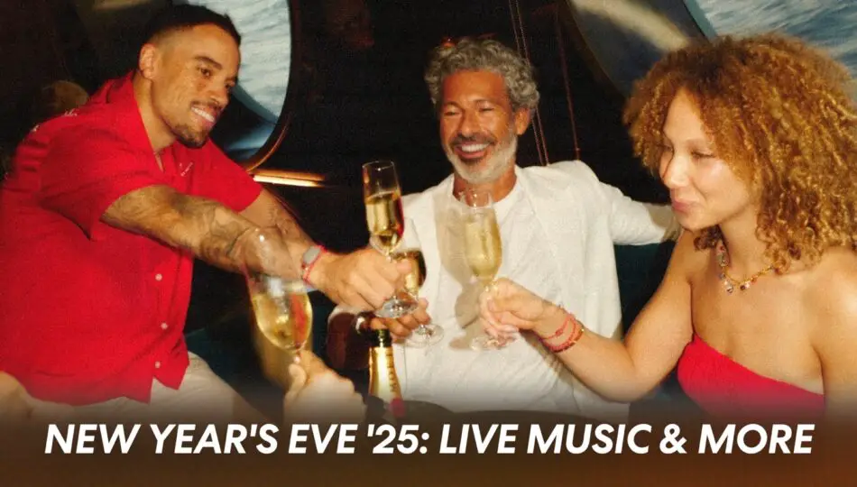 Three people toast with champagne aboard a cruise ship; banner reads New Year's Eve ’25: Live Music & More