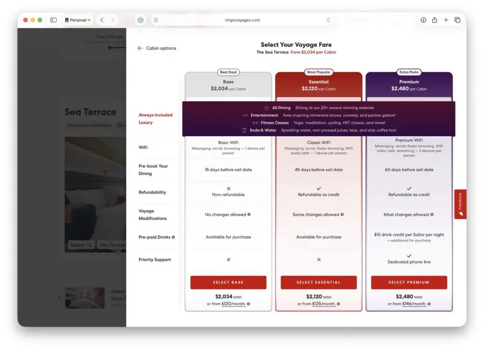 Virgin Voyages cabin options page showing fare levels and prices