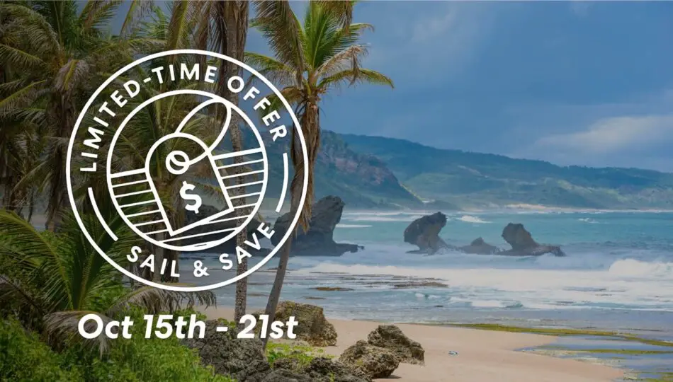 Beach scene with palm trees and rocky shoreline; promotional overlay reads Limited-Time Offer Sail & Save