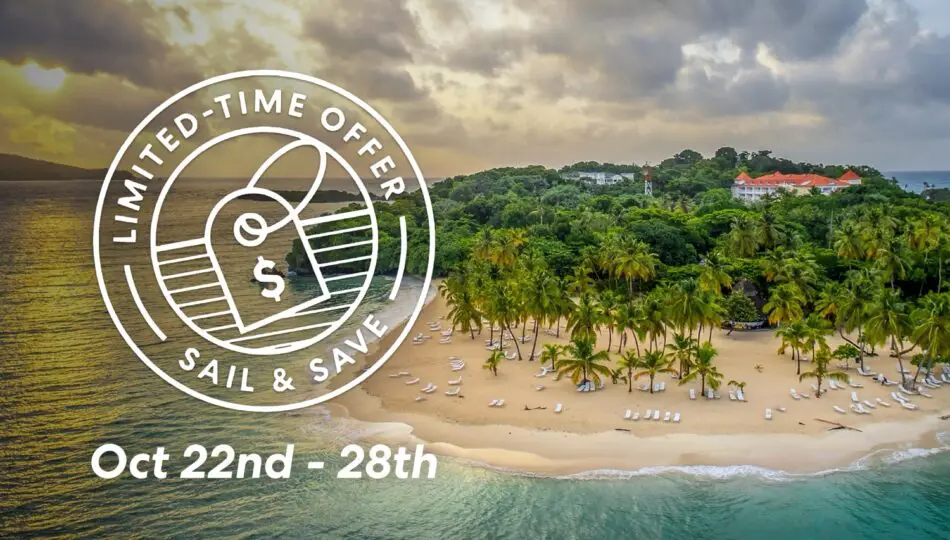 Tropical beach with palm trees and a resort, Limited-Time Offer Sail & Save Oct 22nd - 28th
