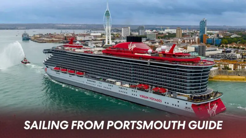 Virgin Voyages cruise ship in Portsmouth harbor with guide text