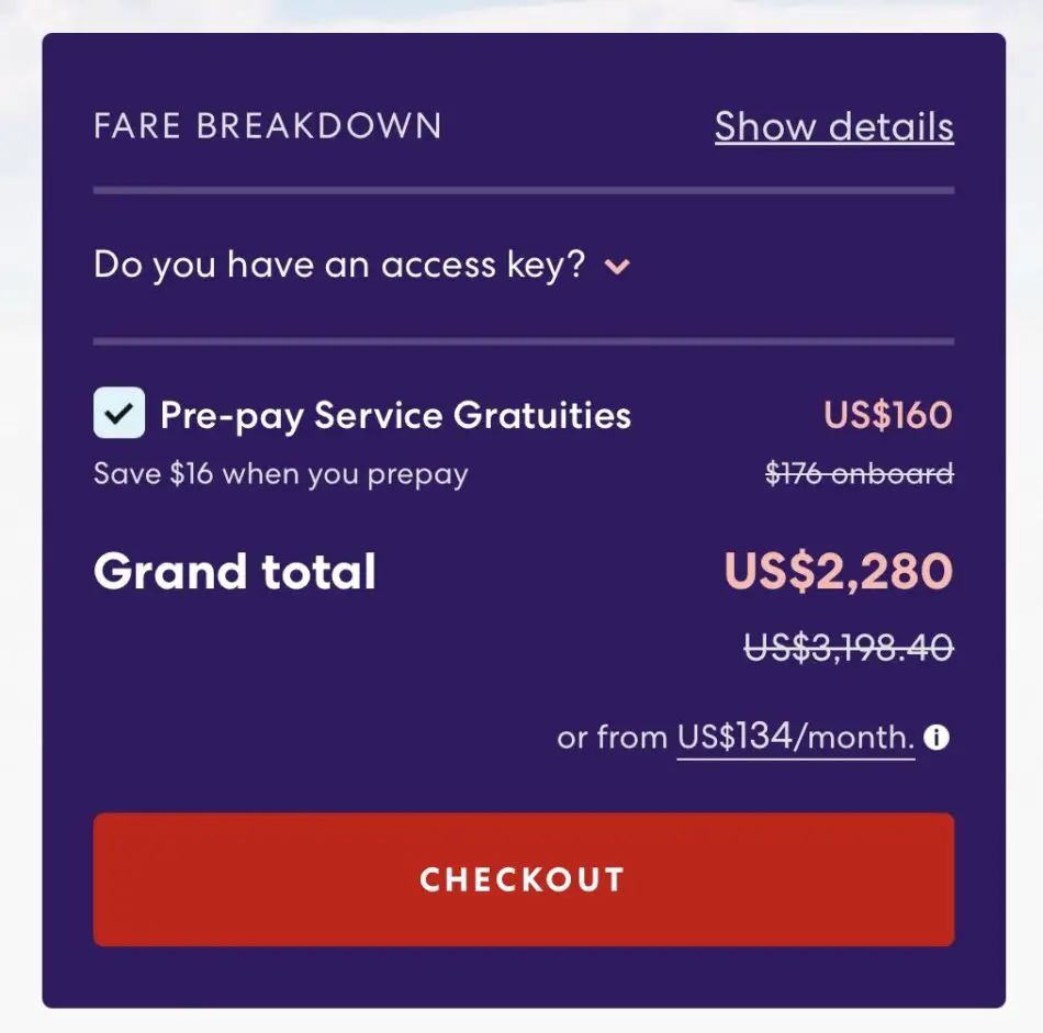Fare breakdown panel on a Virgin Voyages cruise ship with grand total and checkout button