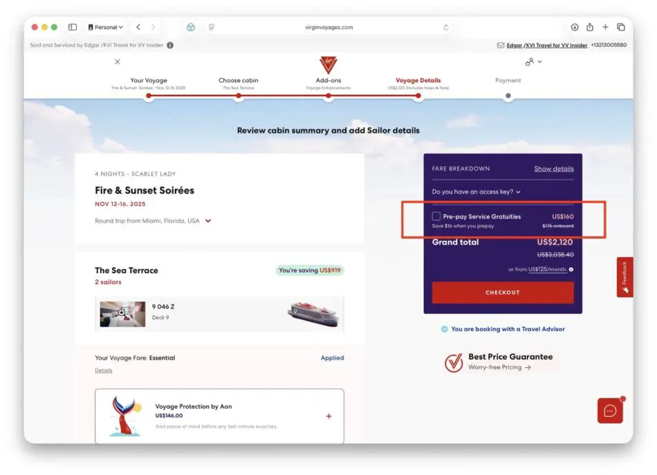 Cruise booking summary for Fire & Sunset Soirées on a Virgin Voyages cruise ship