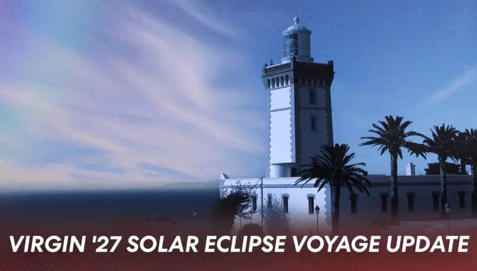 Lighthouse and palm trees along the coastline at night with Virgin '27 Solar Eclipse Voyage Update banner