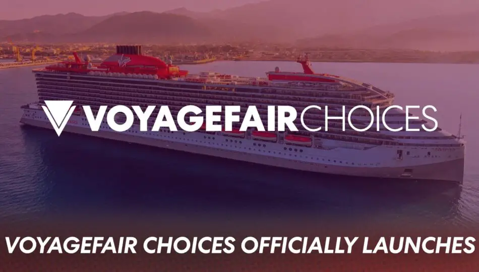 Virgin Voyages cruise ship with VoyageFair Choices launch banner