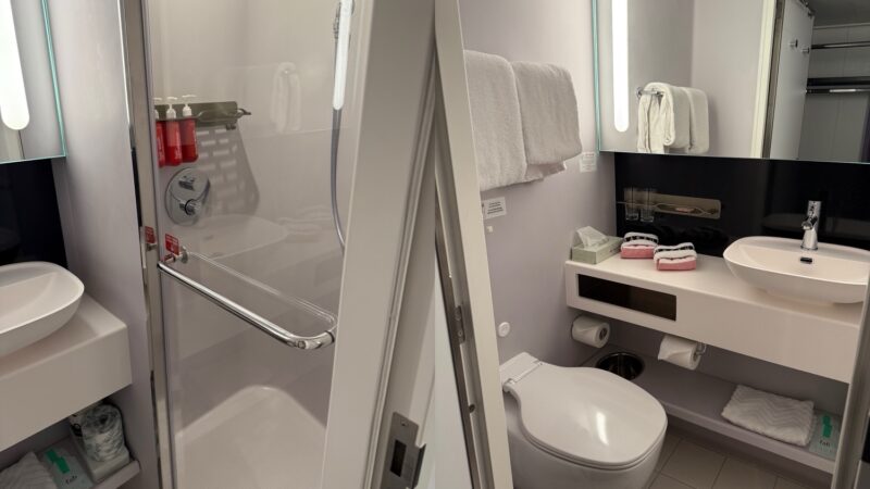 Hotel-style bathroom in a Virgin Voyages cruise ship cabin