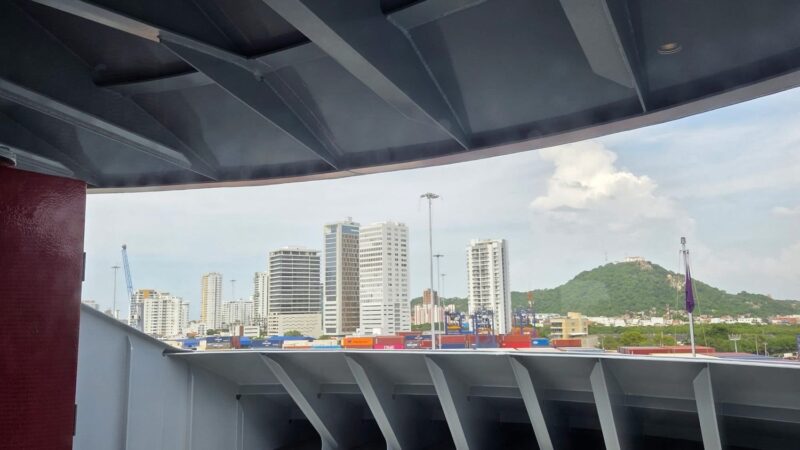 View from a cruise ship deck over a city skyline with a green hill