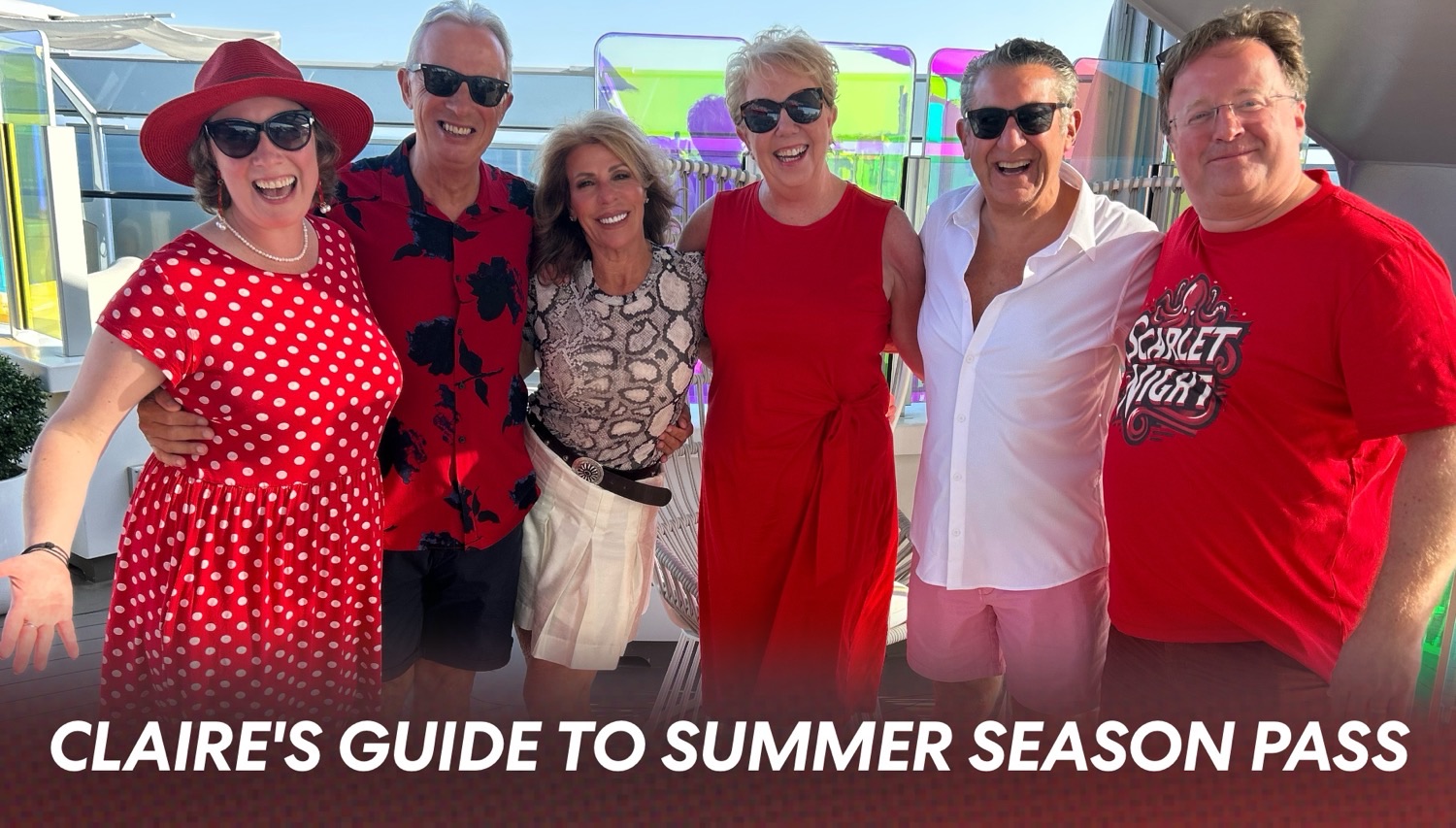 Group of six adults posing on a Virgin Voyages cruise ship deck