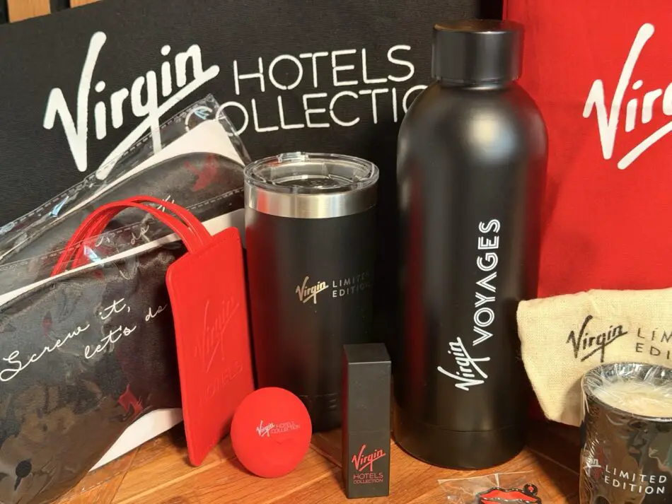 Virgin Hotels Collection items featuring a Virgin Voyages bottle and accessories