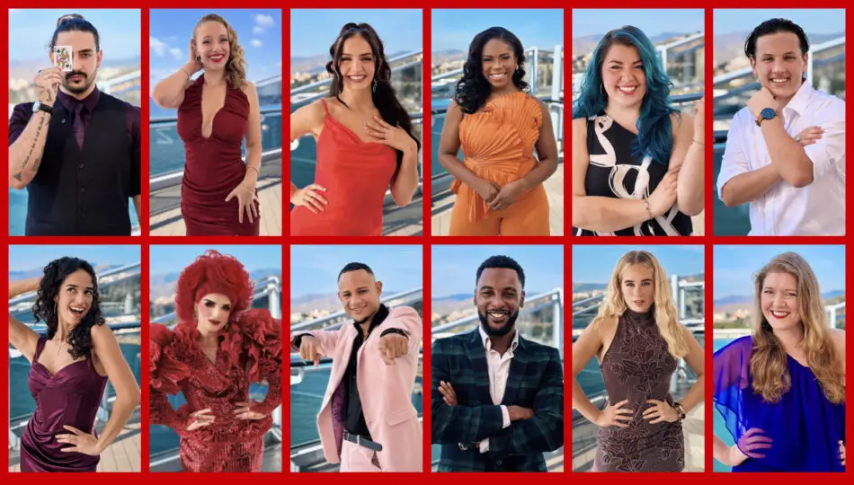 Diverse group of guests posing on a Virgin Voyages cruise ship deck