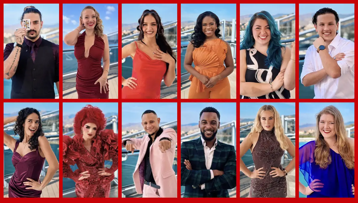 Diverse group of guests posing on a Virgin Voyages cruise ship deck