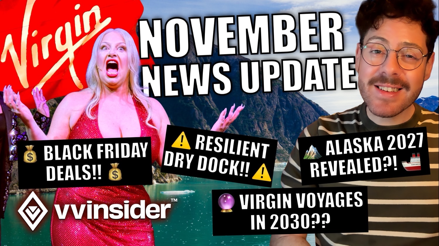 Virgin Voyages November News Update thumbnail with two people and bold banner headlines