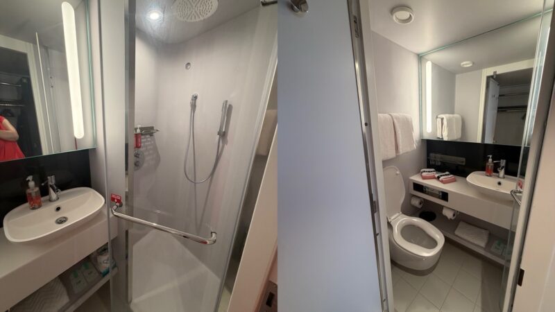 Virgin Voyages cruise ship cabin bathroom with shower and sink