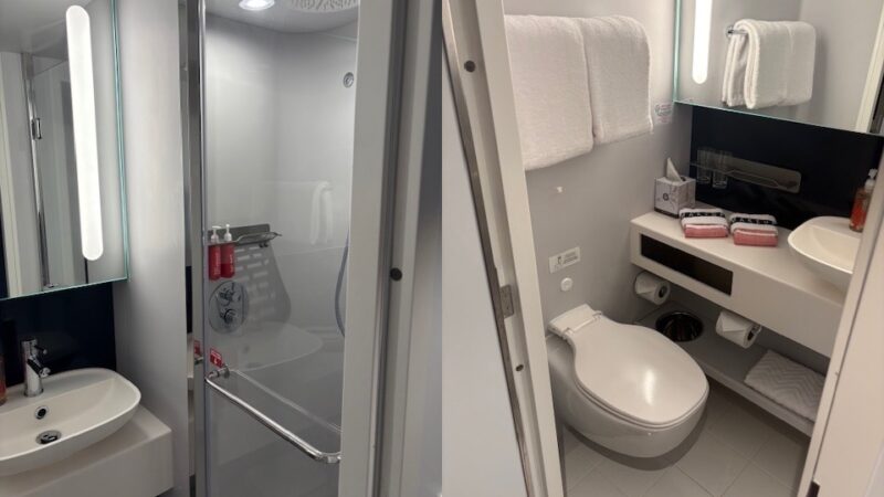 Virgin Voyages cruise ship cabin bathroom with shower and toilet