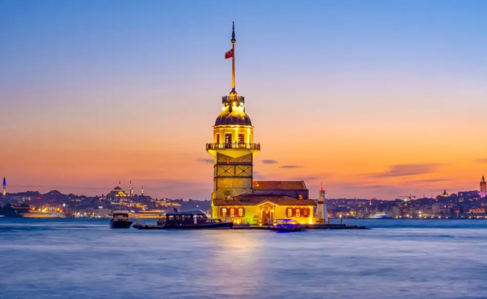 Illuminated Maiden's Tower on the Bosphorus at sunset Istanbul