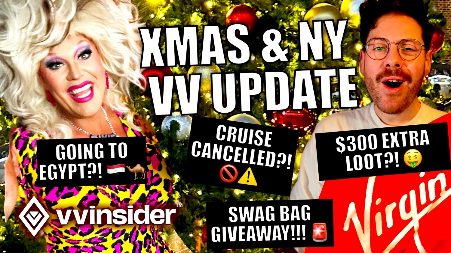 Two hosts in a festive thumbnail about XMAS and NY Virgin Voyages update on a cruise ship