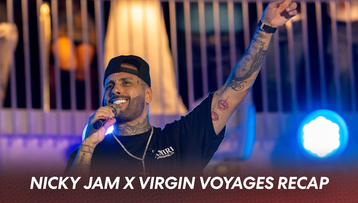 Nicky Jam performs on stage during Virgin Voyages recap aboard a cruise ship