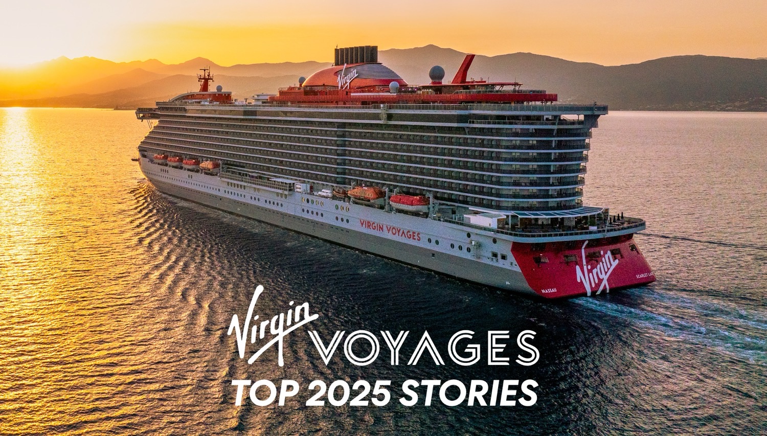 Virgin Voyages cruise ship at sunset with Top 2025 Stories overlay